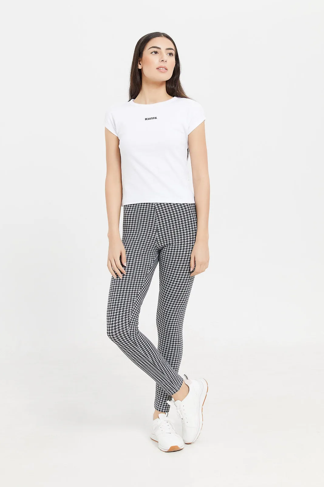 Women Black Check Printed Leggings