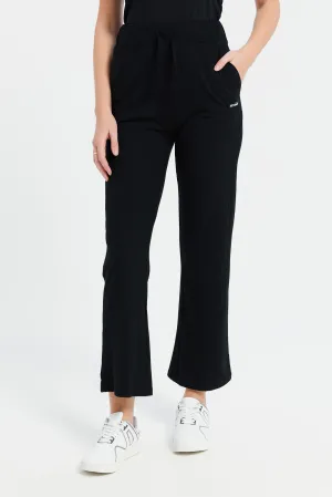 Women Black Ribbed Active Pants