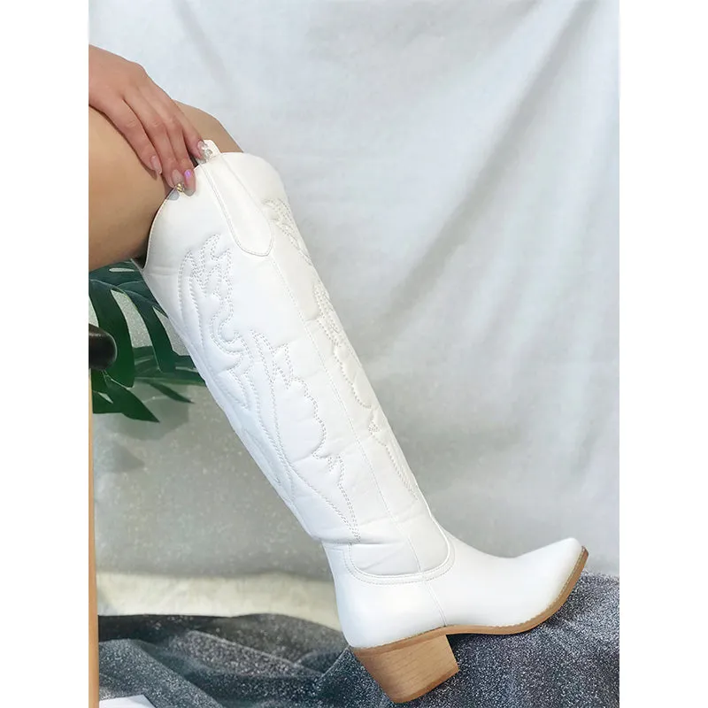 Women embroided cowboy boots | Vintage v cut chunky heel knee high boots | Pointed toe western boots