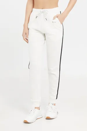 Women White Basic Joggers With Side Tape And Pockets