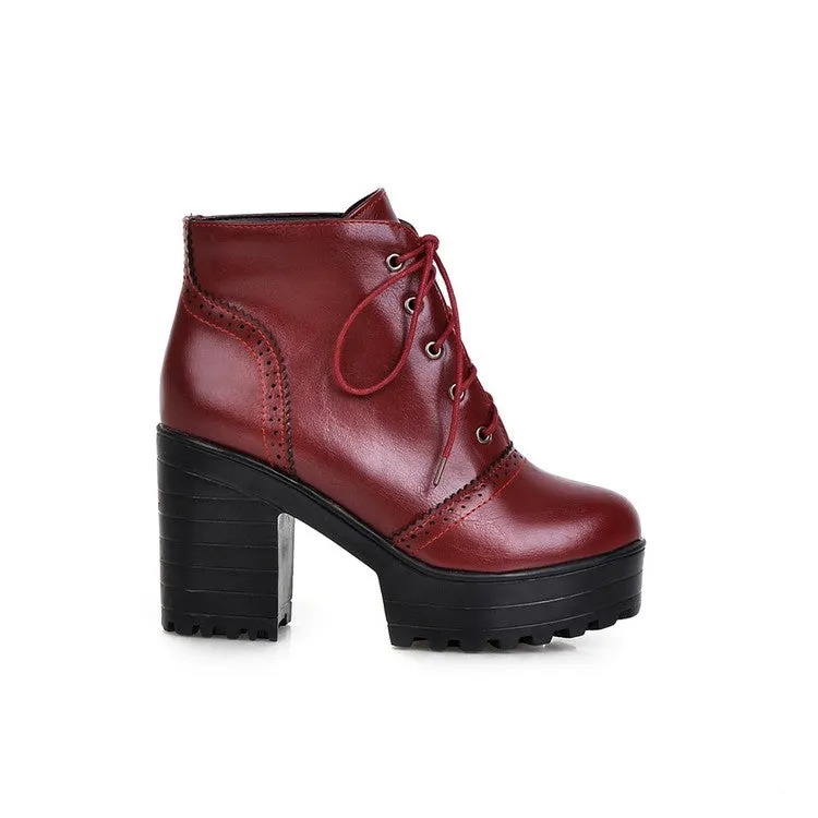 Women's Glossy Round Toe Lace Up Block Chunky Heel Stitch Platform Short Boots