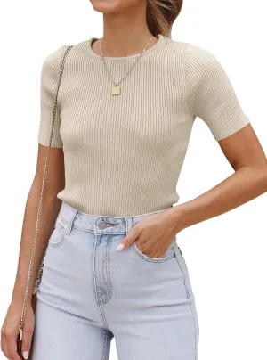 Women'S Short Sleeve Crewneck T Shirt 2024 Summer Ribbed Knit Slim Fit Basic Solid Color Tee Tops